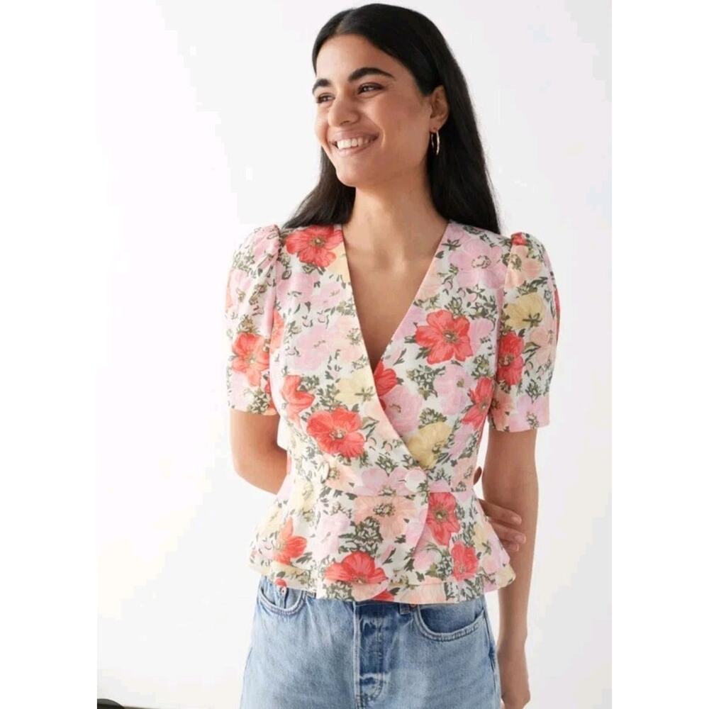 & OTHER STORIES pink orange yellow floral peplum blouse Sz 6 puff shoulder